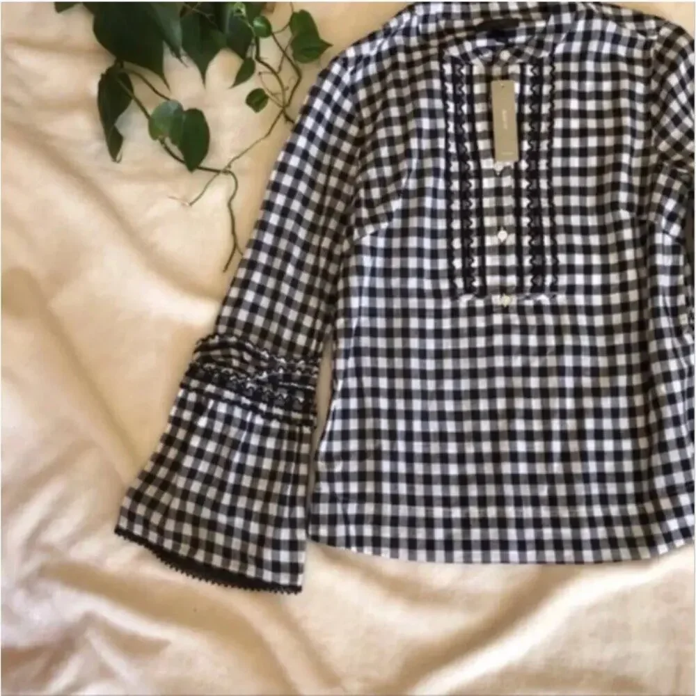 J. Crew Gingham Embroidered Bell Sleeve Popover